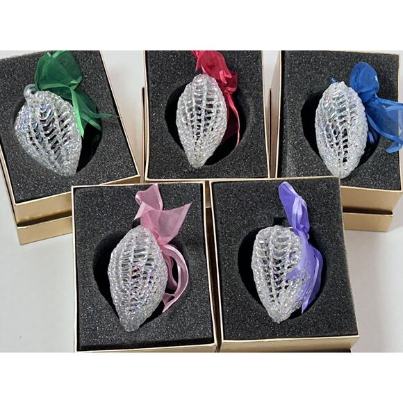 Set 5 Handblown Spun Iridescent Glass Heart Ornament w Ribbon Bows 3" Holiday - Picture 5 of 10